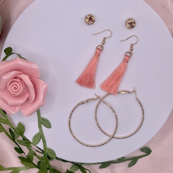 ❤️Gold Knot Studs, Pink Tassels, and Gold Hoop Earrings Set - Picture 7 of 7